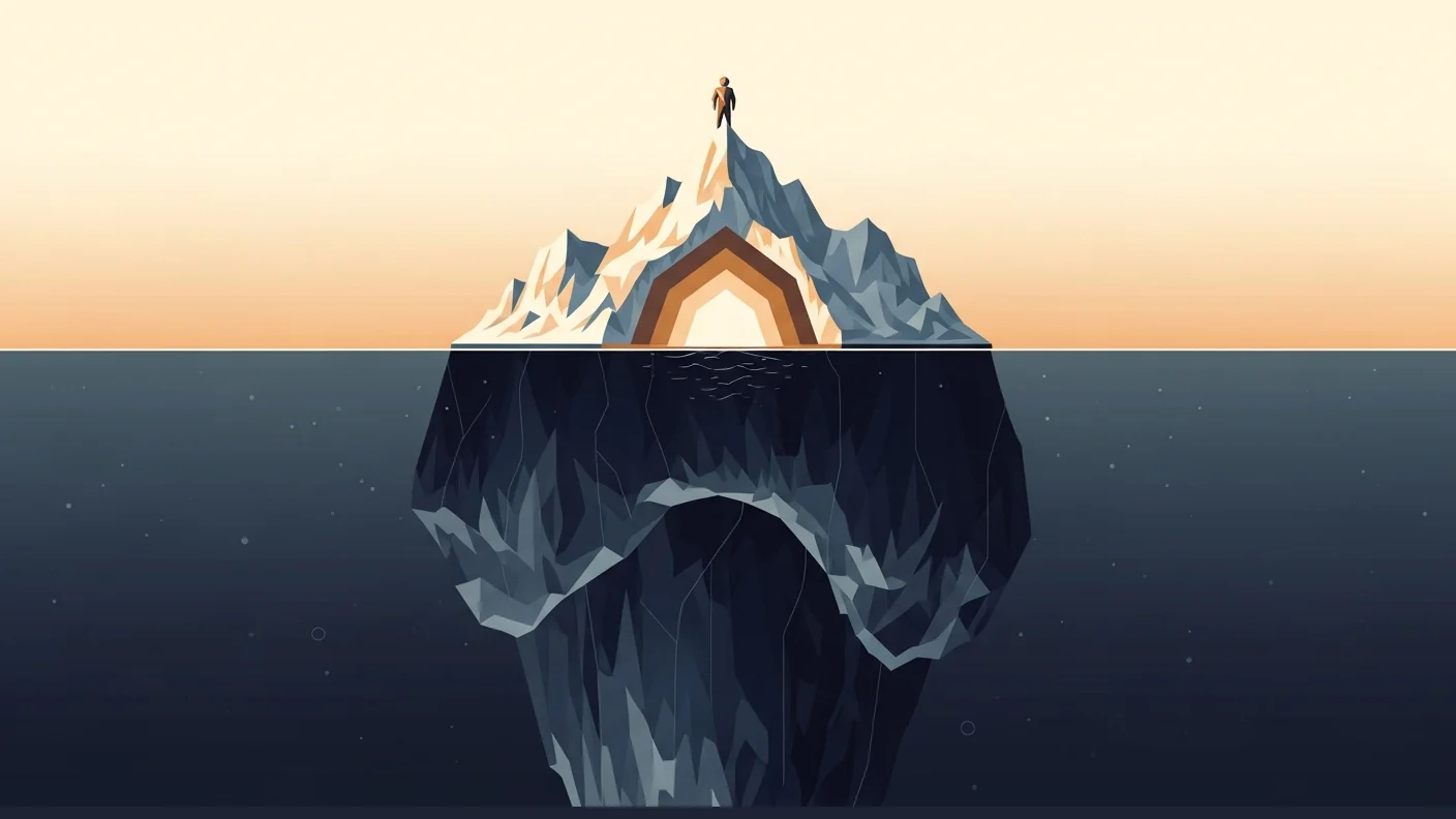 A small figure stands on the visible tip of an iceberg while the vast bulk of it extends far below the waterline.