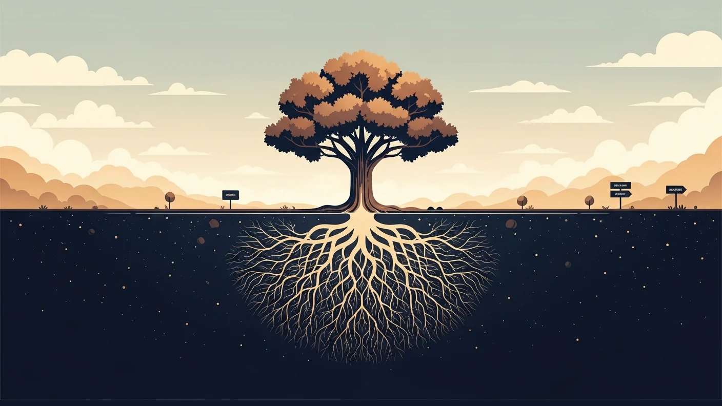 A single tree above ground with an enormous tended root network glowing faintly gold beneath the soil line.