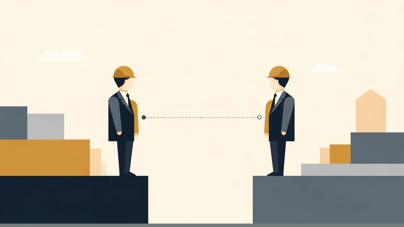 Two professionals stand on separate platforms facing each other across a measured gap marked by a dotted survey line.