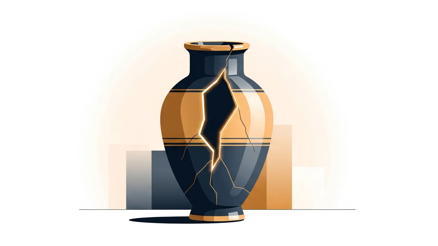 A broken ceramic vessel rejoined with luminous gold seams, standing whole on a plain surface.