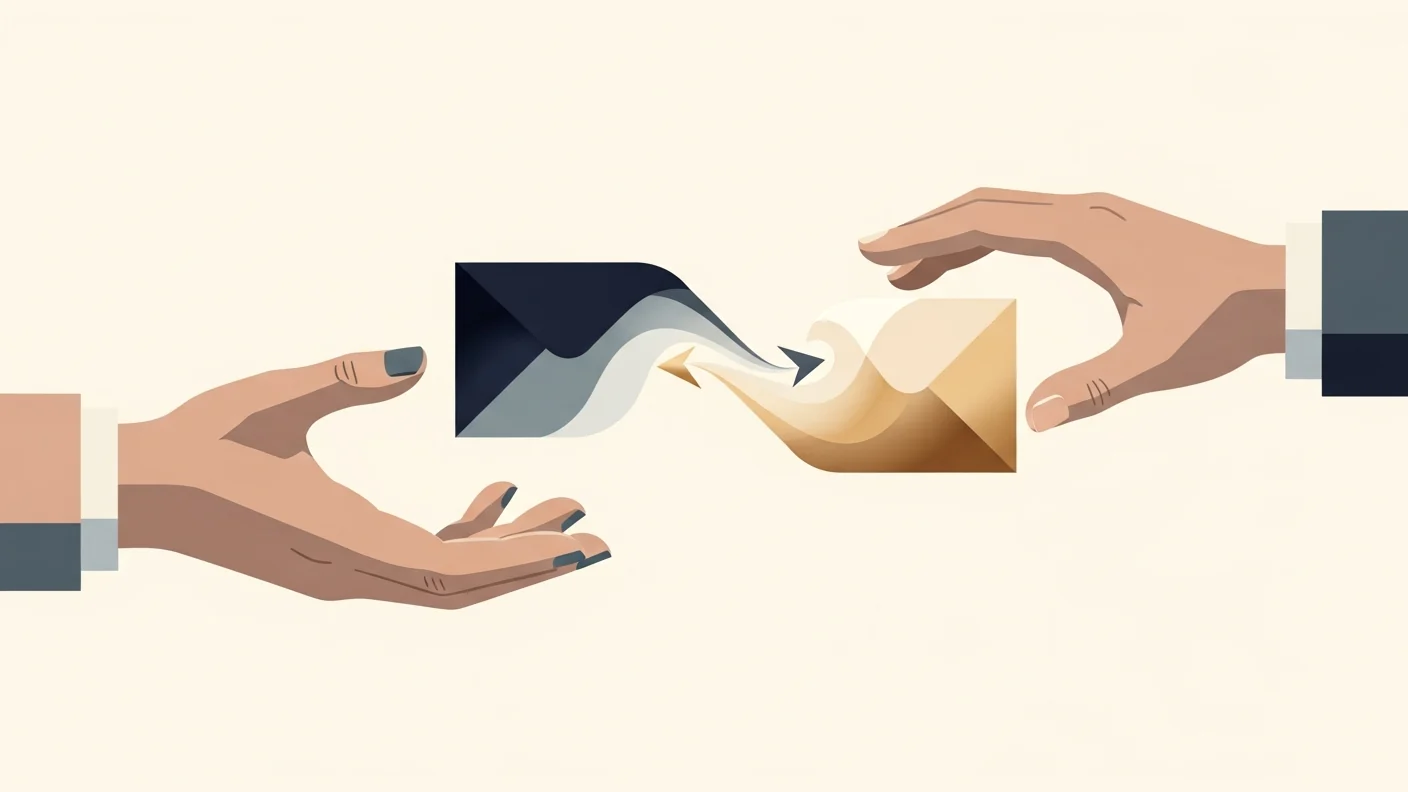 A written message passes between two hands and visibly changes shape mid air, from angular to rounded.