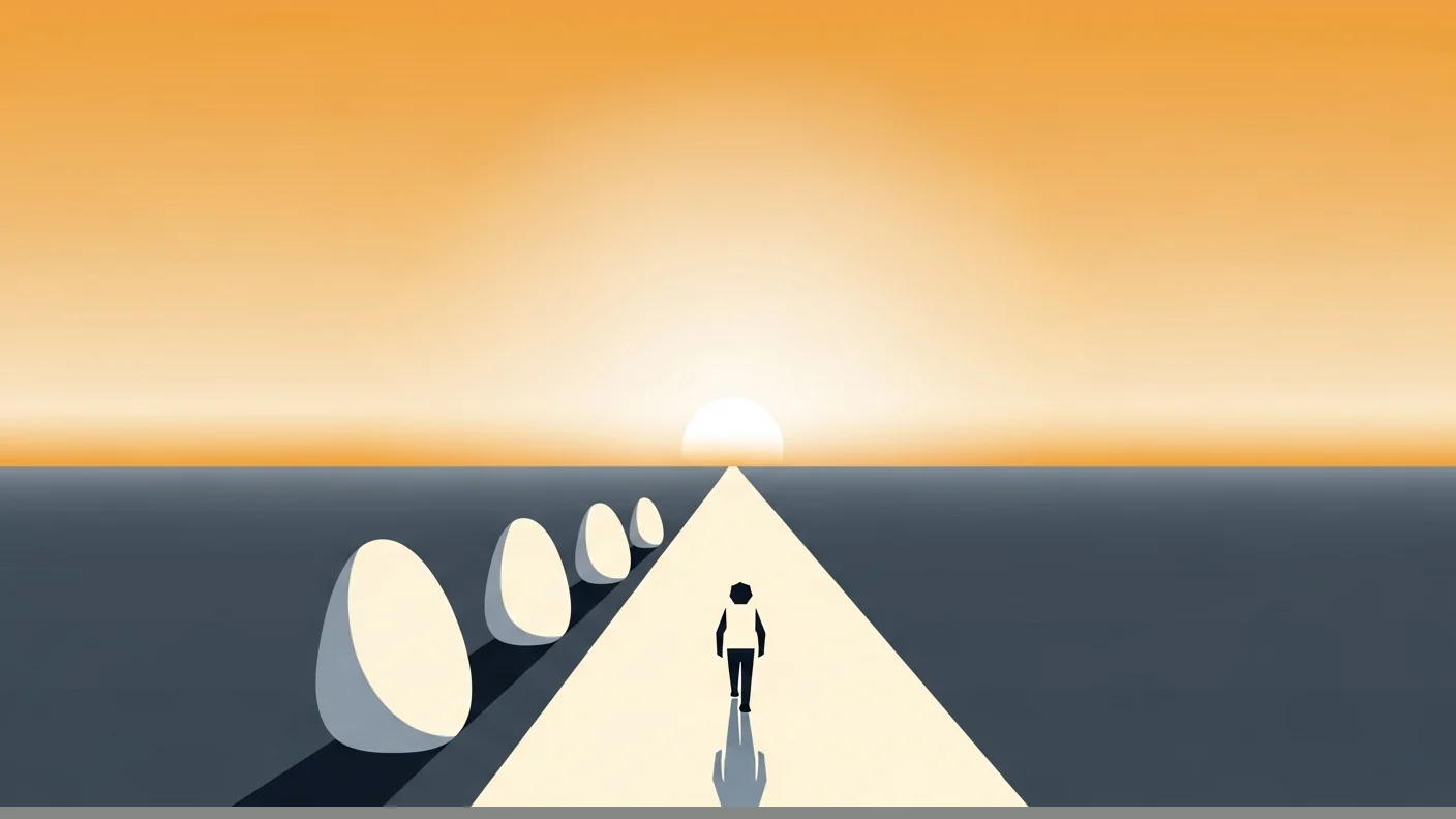 A clear path crosses an open plain toward a bright horizon, marked with four milestones, a single figure walking it.