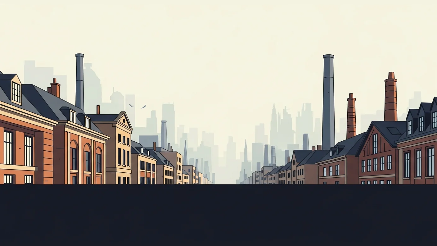 A precise European industrial skyline in clear daylight, brick and steel with orderly rooflines.