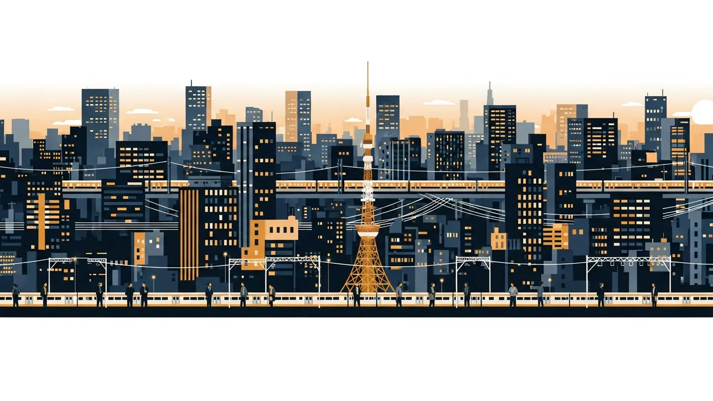A layered Tokyo cityscape at dusk with train lines threading between lit towers.