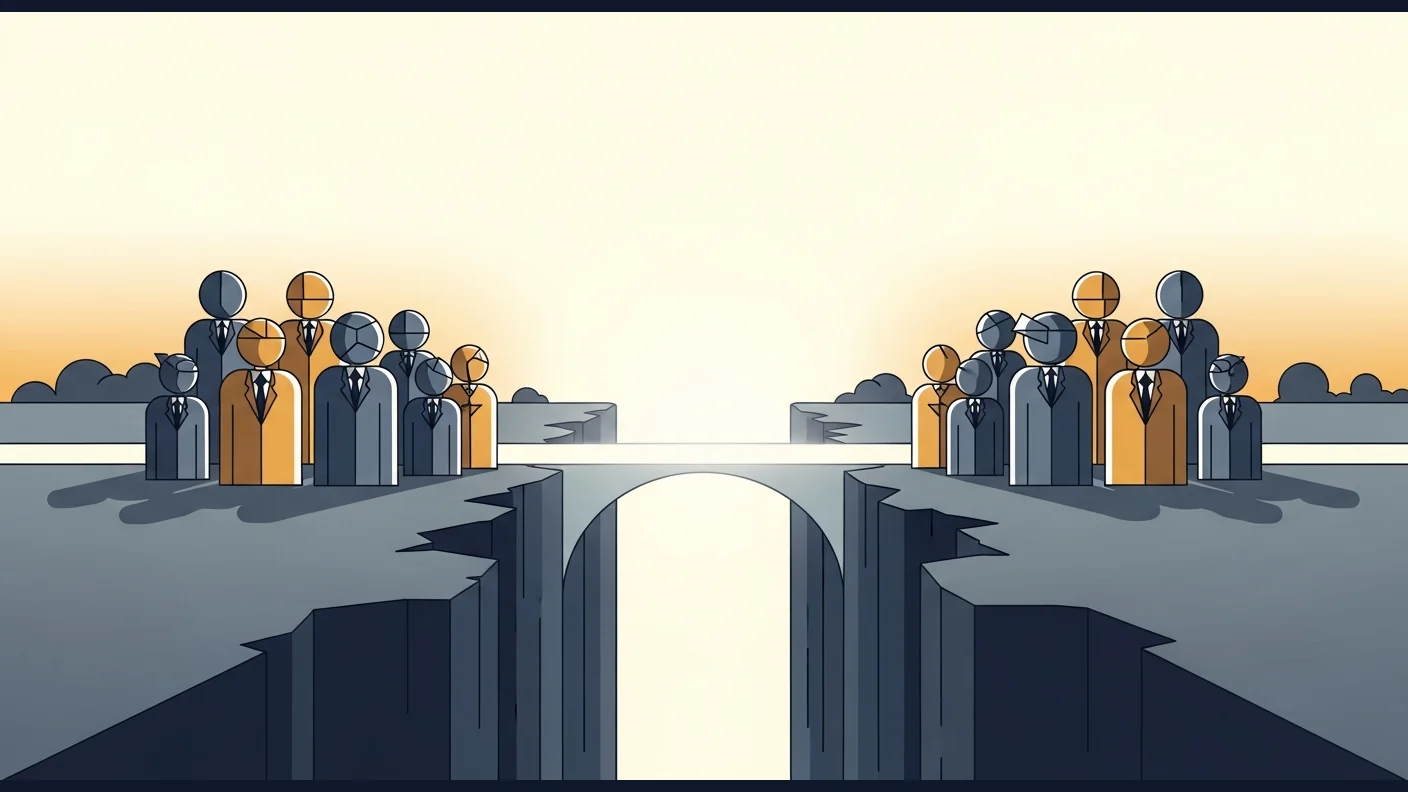 Two groups of figures stand either side of a gap in the ground, with a bridge of light spanning between them.