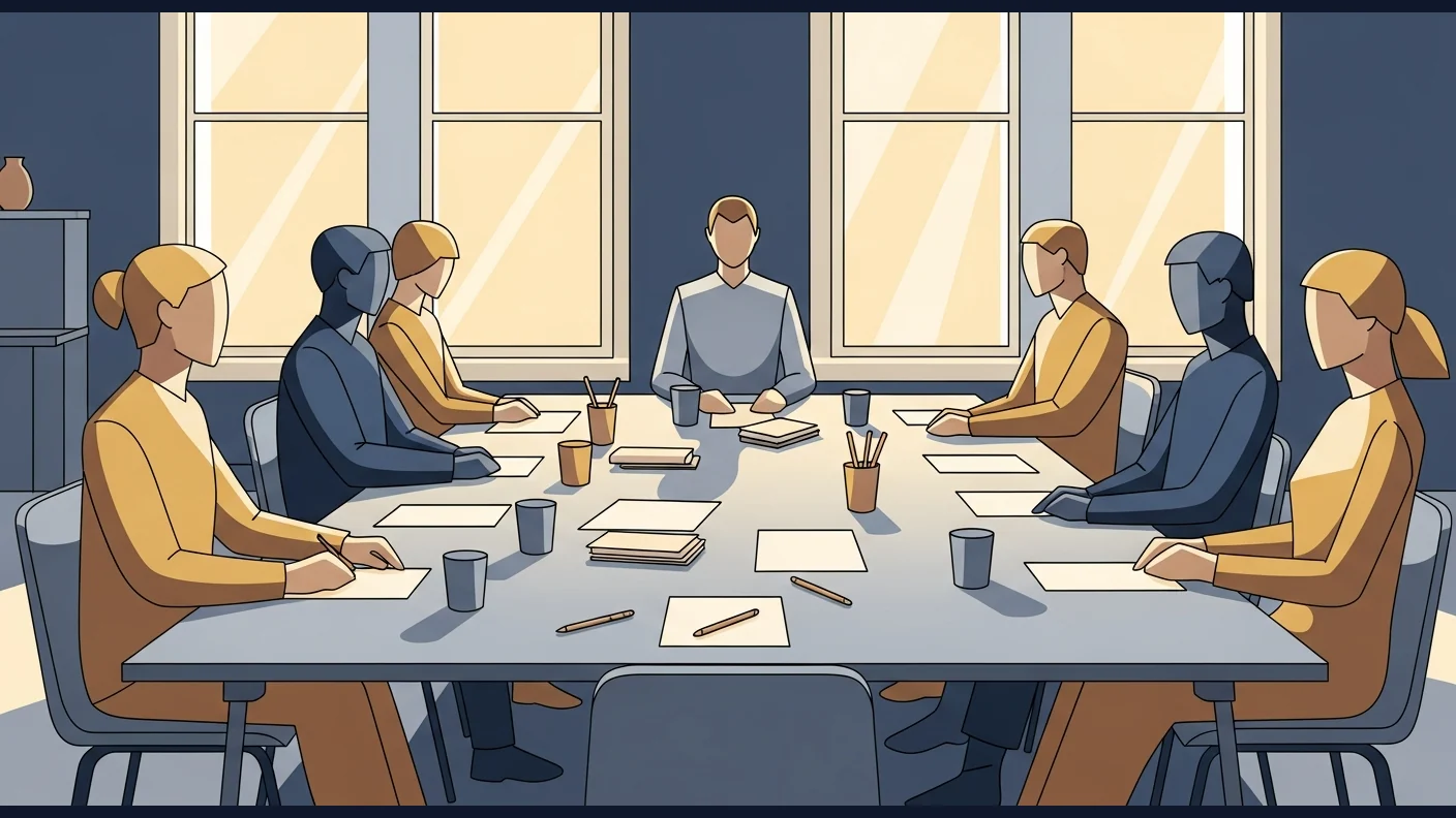 A workshop room with a wide table, papers and simple tools laid out, warm light through tall windows.